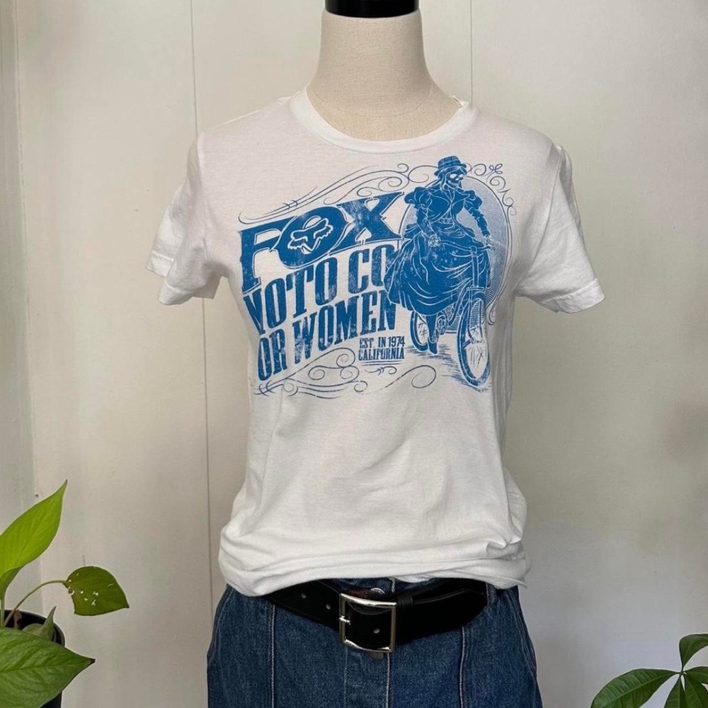 Fox Racing Moto Co Skeleton Woman Bicycle Graphic T-Shirt White Blue Mens L